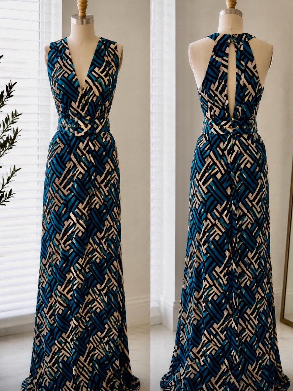Milly of New York Teal Blue and Cream Geometric Halter Maxi Dress